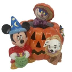Disney Cookie Jar - Halloween Pumpkin - Sorcerer Mickey Cheshire Cat Lucky Tinker Bell