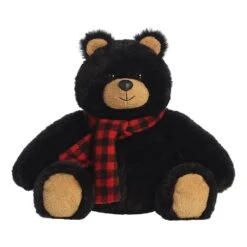 SeaWorld Plush - Bronson Bear - Black And Tan With Red Plaid Scarf